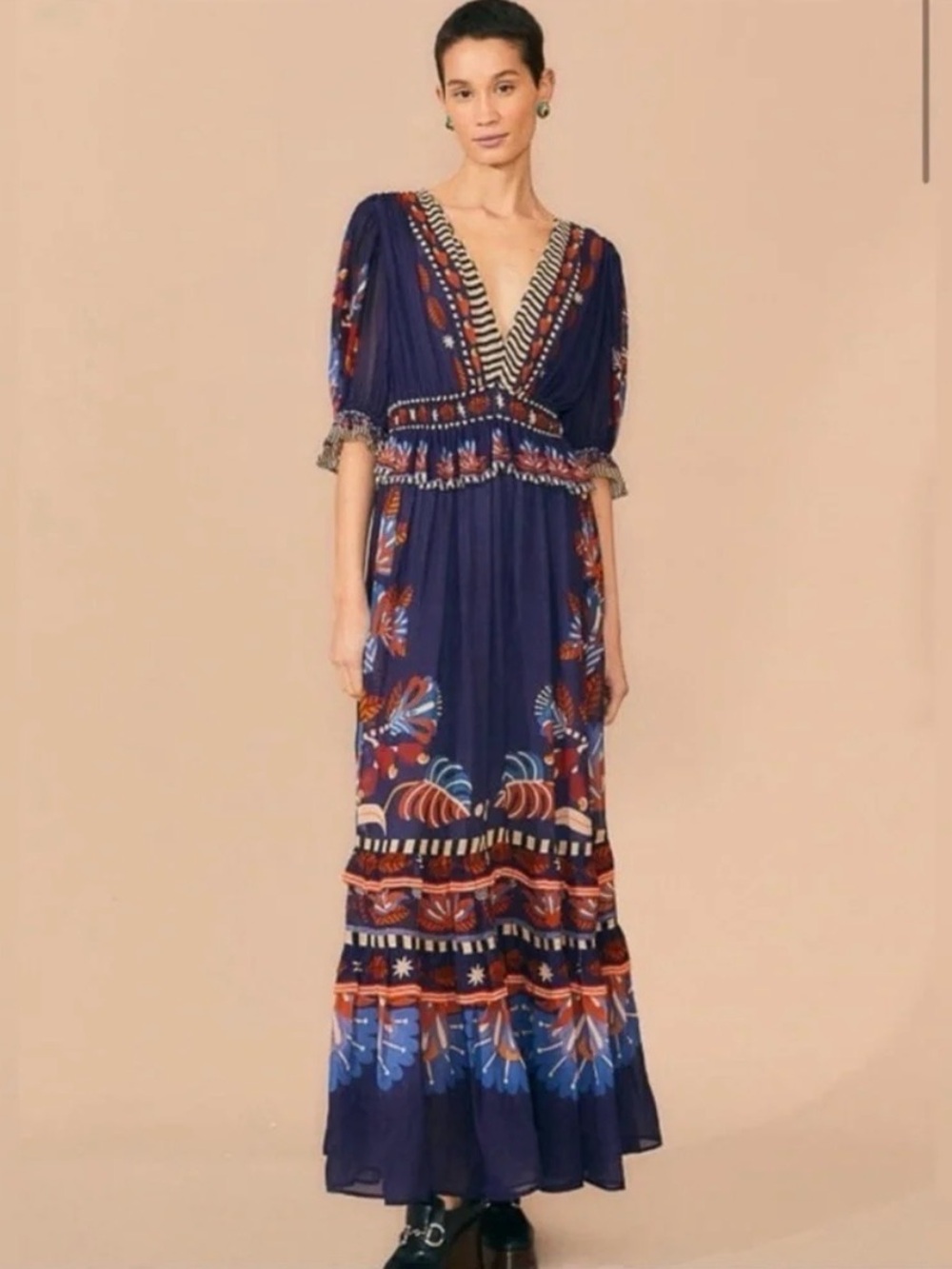 Farm Rio, medium Boho V-Neck Floral Maxi Dress in Navy - Picture 2 of 9